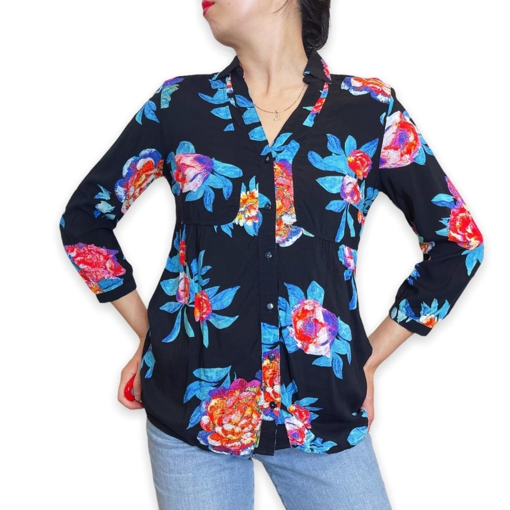 Maeve for Anthropologie Woodland Parks Style Blouse Size 6p Black Floral